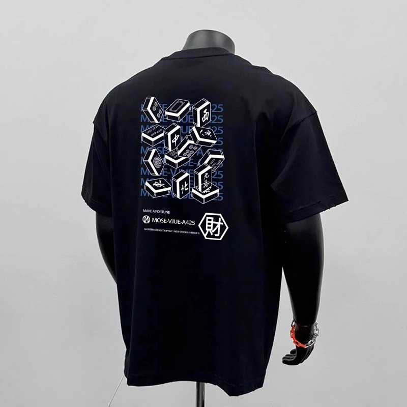 MOSE-VJUE-A425 Mahjong Tile Graphic Black T-Shirt T-Shirts