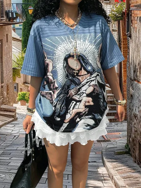 Design Religious Icon Graphic Oversized T-Shirt with Lace Hem in Brown Multicolor - 25