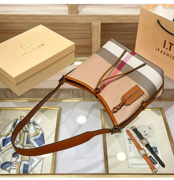 Design I.T Fashion Checkered Hobo Bag Set Beige Multicolor Shoulder Bags - 12