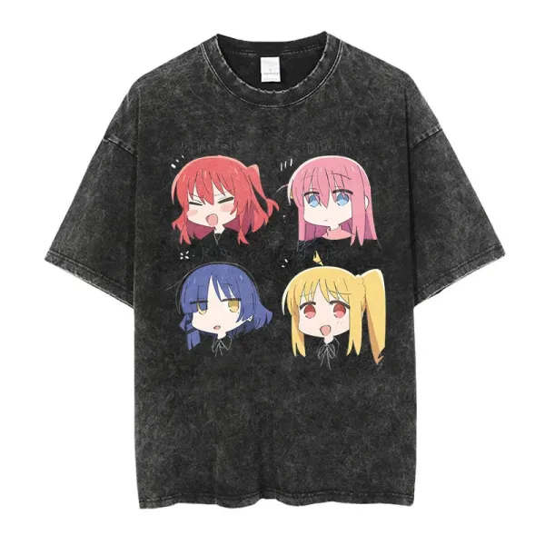 Design Anime Character Print Acid Wash Black T-Shirt - 1