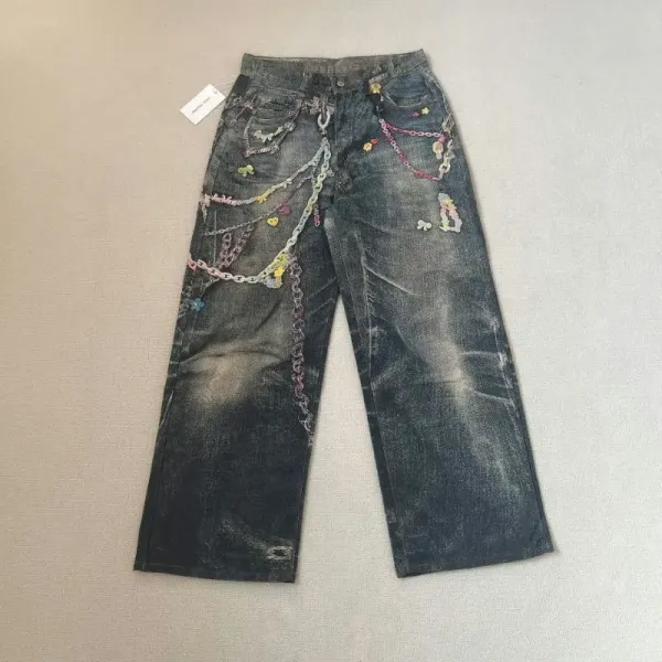 Design Distressed Graffiti-Print Wide-Leg Jeans - 35