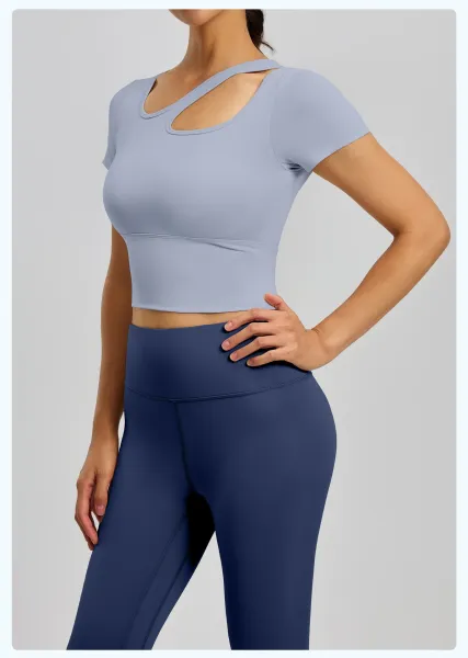 Design Cut-Out Crop Top and High-Waist Leggings Set in Ballet Pink + Gray Lake Blue Activewear - 24