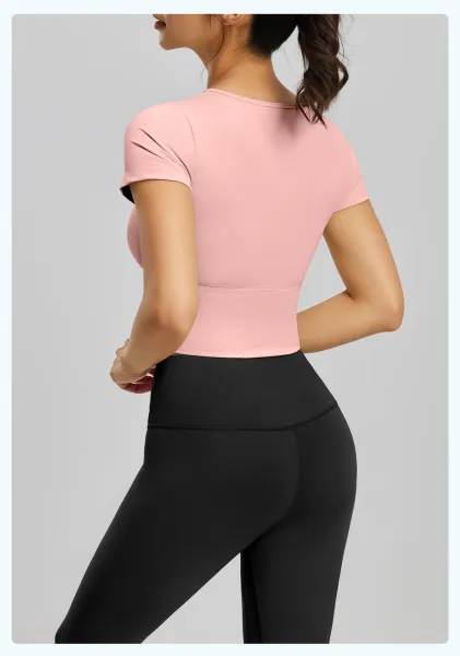 Design Cut-Out Crop Top and High-Waist Leggings Set in Ballet Pink + Gray Lake Blue Activewear - 31