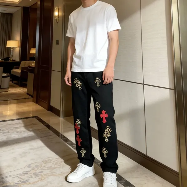 Chrome Hearts Cross-Embroidered Black Jeans White T-Shirt and White Sneakers - 1
