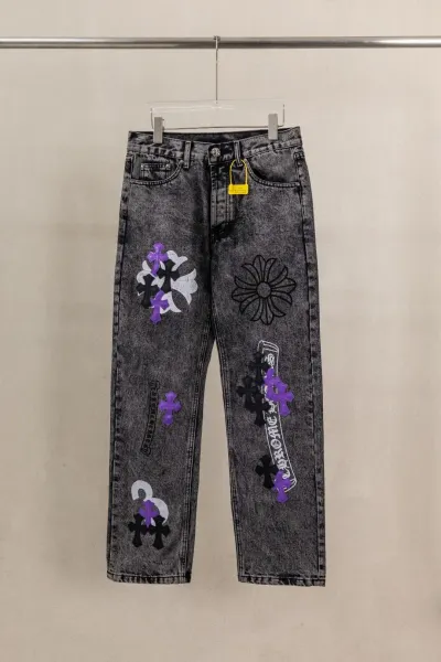 Chrome Hearts x Custom Distressed Denim Jeans Gray with Purple and Black Cross Embroidery - 1
