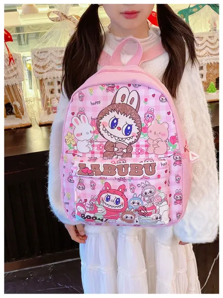 Design Labubu Pink Gingham Cartoon Print Mini Backpack - 23
