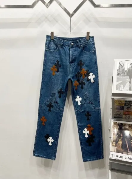 Chrome Hearts Cross-Embroidered Distressed Blue Jeans - 1
