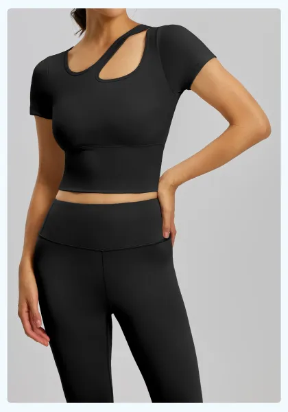 Design Cut-Out Crop Top and High-Waist Leggings Set in Ballet Pink + Gray Lake Blue Activewear - 33