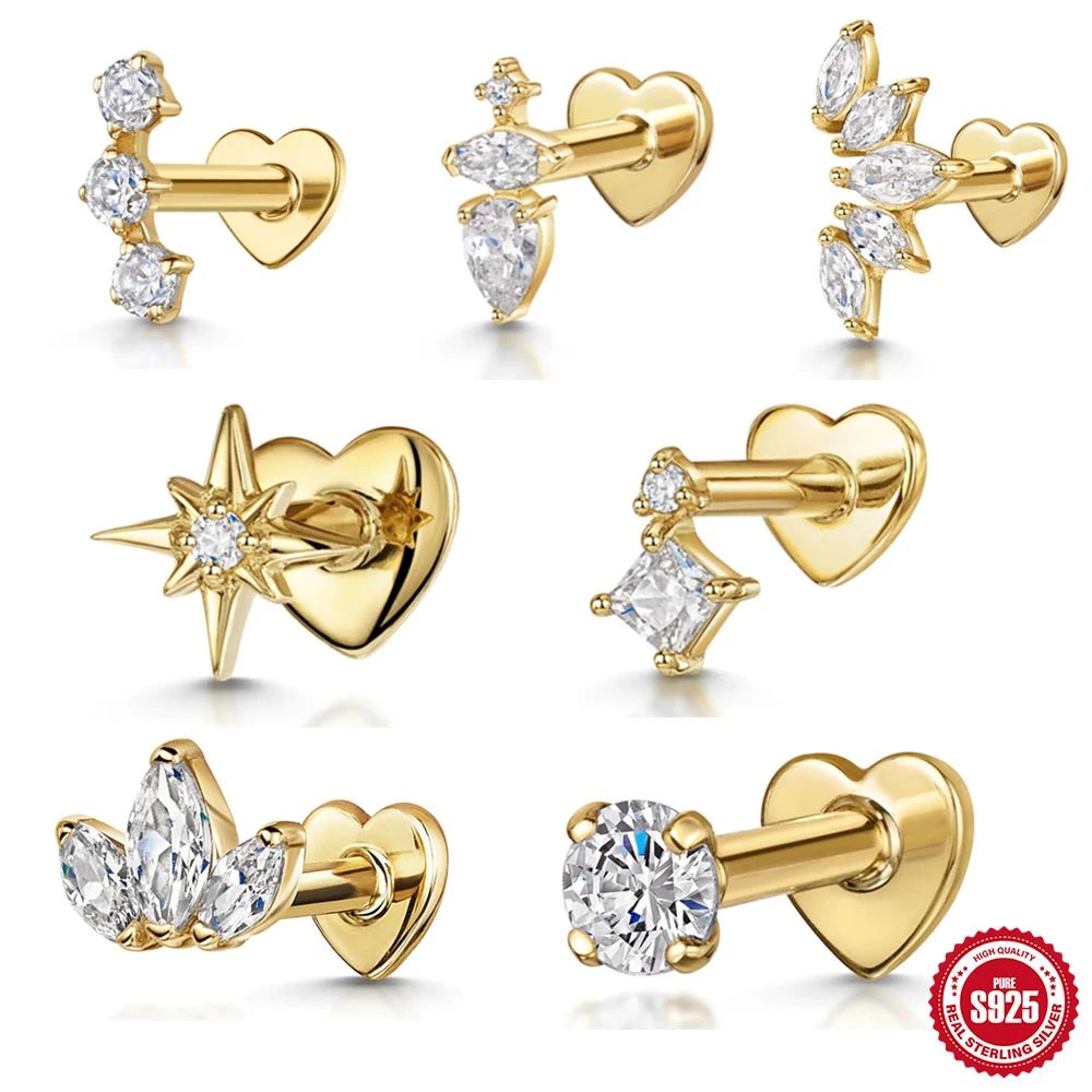 925 Sterling Silver Ins Style Diamond Octagram Heart Flatback Cartilage Tragus Earring Threaded Stud New European American Style