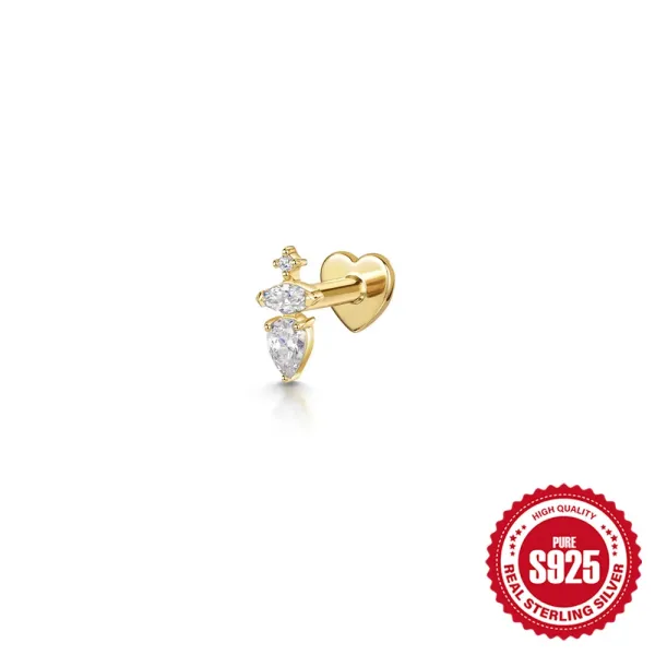 Design S925 Sterling Silver Heart Lab-Created Zirconia Stud Earring Gold Plated Jewelry - 1
