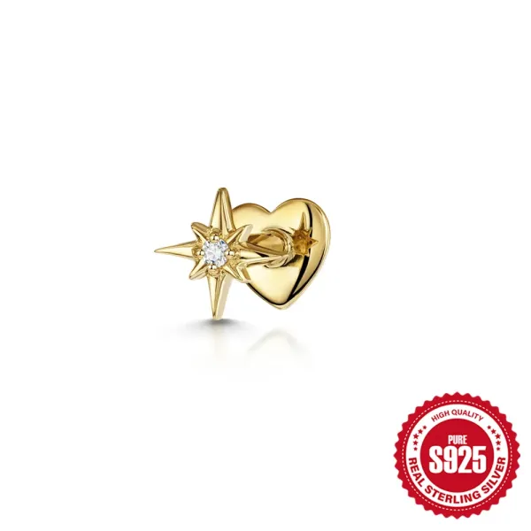 Design Star and Heart Stud Earring Gold-Plated Sterling Silver Jewelry - 1