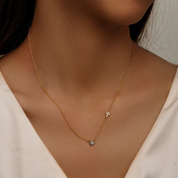 Design S925 Sterling Silver Evil Eye and Cross Pendant Necklace Gold Plated Jewelry - 4
