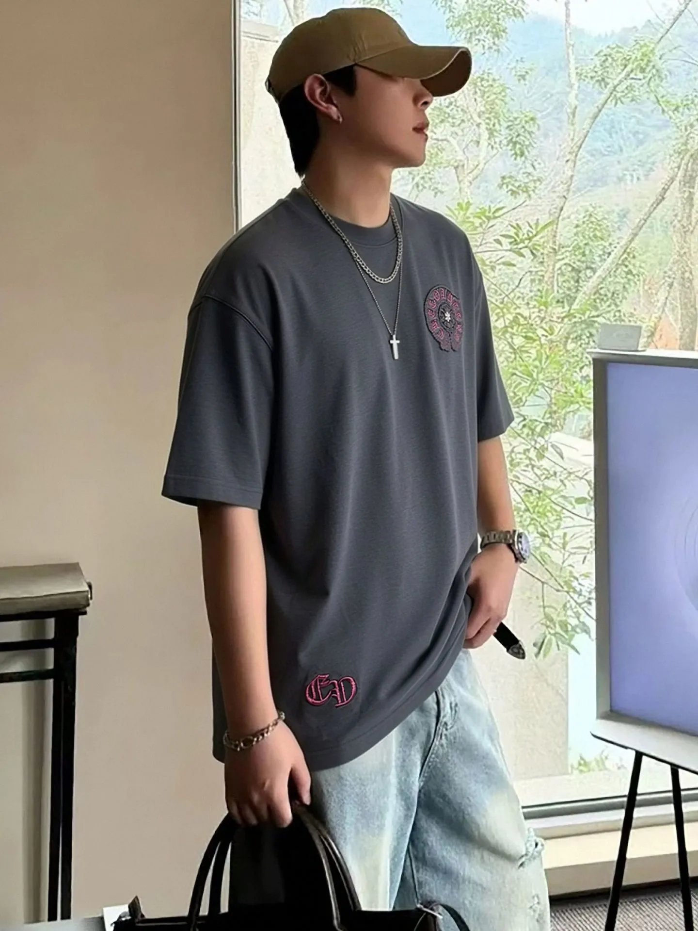 Chrome Hearts Floral Embroidered T-Shirt Charcoal Gray T-Shirt - 5
