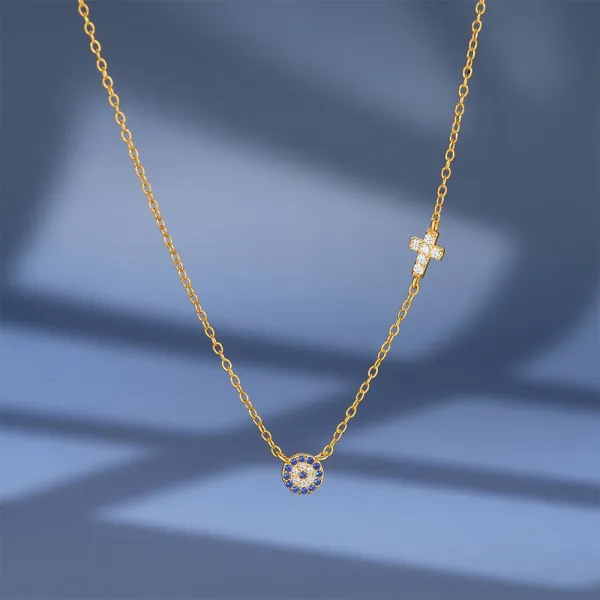 Design S925 Sterling Silver Evil Eye and Cross Pendant Necklace Gold Plated Jewelry - 7