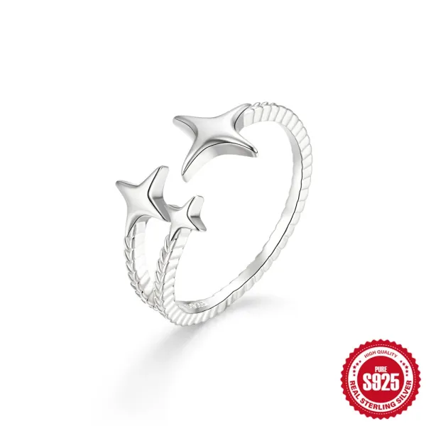 Design S925 Sterling Silver Star Motif Rope-Textured Adjustable Ring Jewelry - 1