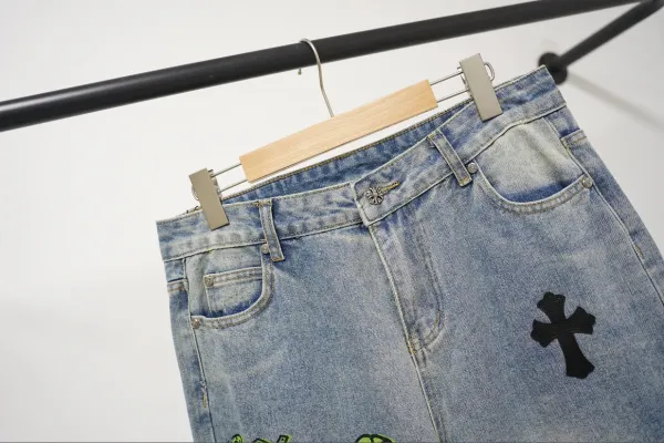 Chrome Hearts x Custom Embroidered Cross Motif Light Wash Jeans - 5