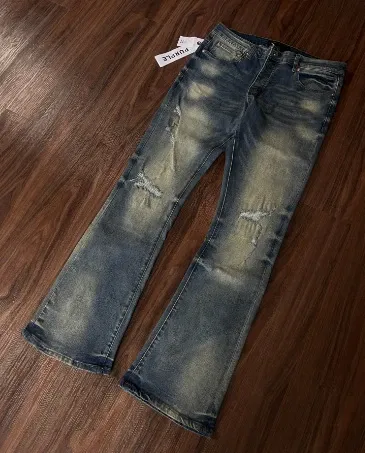 Design Distressed Flared Jeans Blue - 1