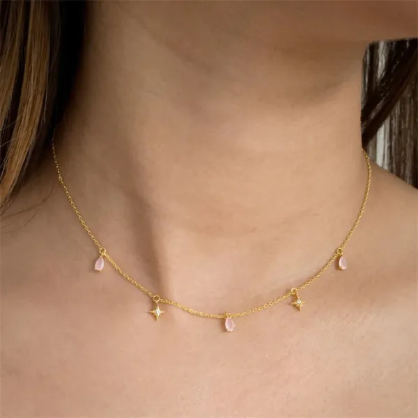 Design Star and Rose Quartz Pendant Necklace Silver Jewelry - 7