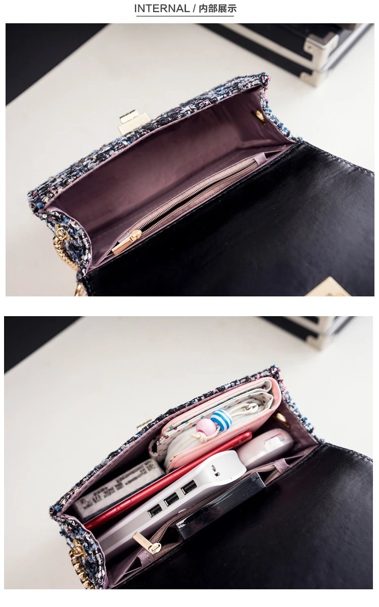 Design Tweed Chain Crossbody Bag in Black Multicolor Crossbody Bags - 29