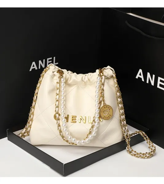 Design Chenla Quilted Drawstring Chain Bag Black Shoulder Bags - 6
