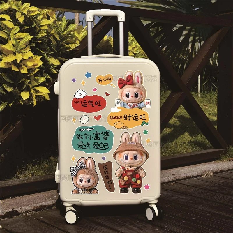 Pop Mart Labubu Travel Suitcase Beige with Sticker Decorations Suitcase Travel Bags