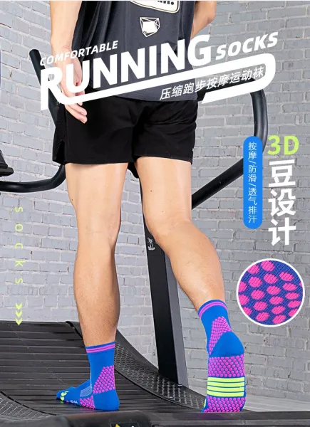 Design Performance Running Socks Neon Orange with Blue Grip Dots and Green Heel Tab - 4