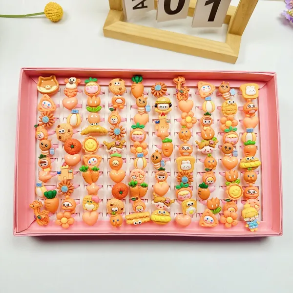 Design Cartoon Animal and Fruit Resin Rings Set Orange Multicolor Jewelry - 1