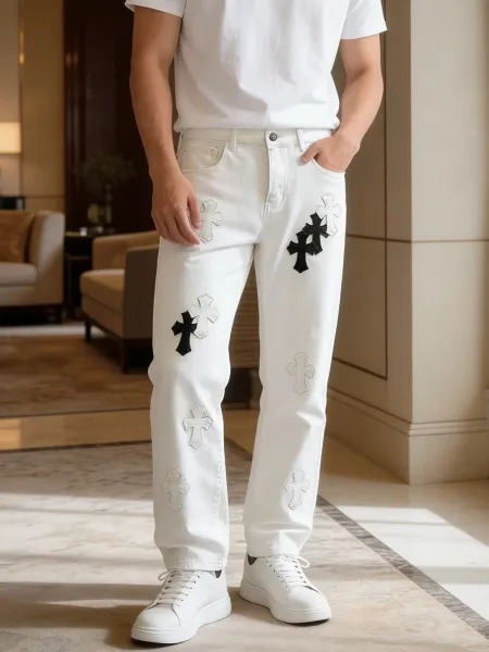 Chrome Hearts Cross-Embroidered White Denim Jeans - 1