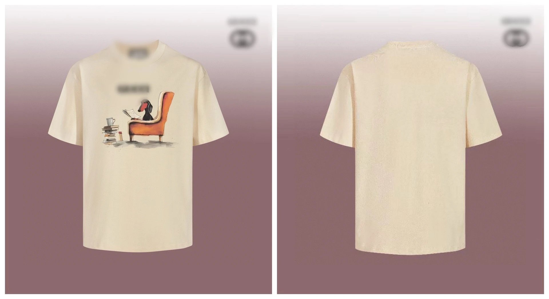 Illustrated Dachshund Reading T-Shirt Beige