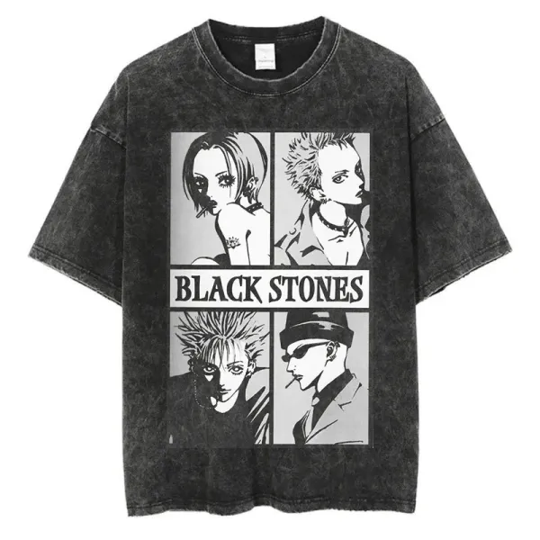 Design Black Stones Graphic Print Acid Wash T-Shirt T-Shirts - 1