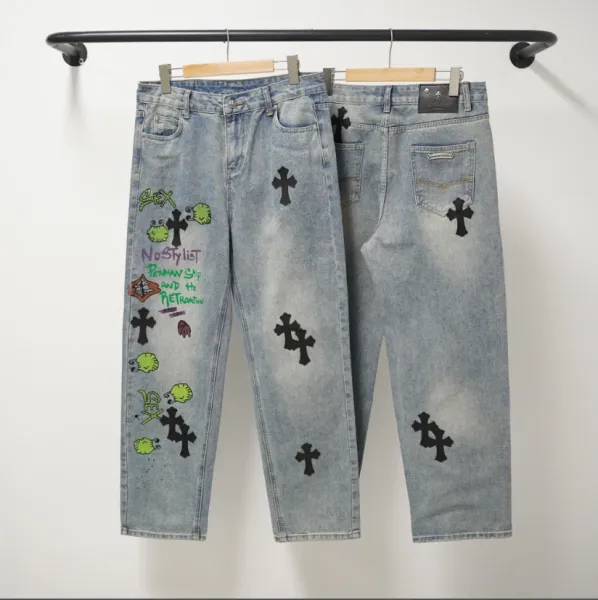 Chrome Hearts x Custom Embroidered Cross Motif Light Wash Jeans - 1