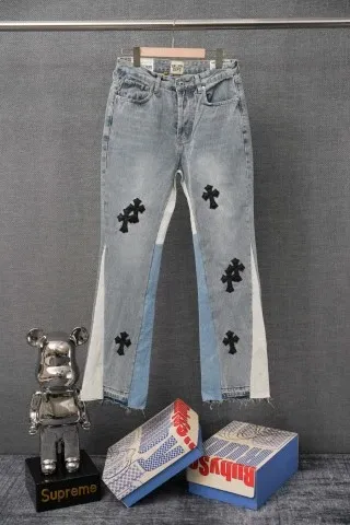 Chrome Hearts Cross-Embroidered Patchwork Denim Jeans Blue - 1
