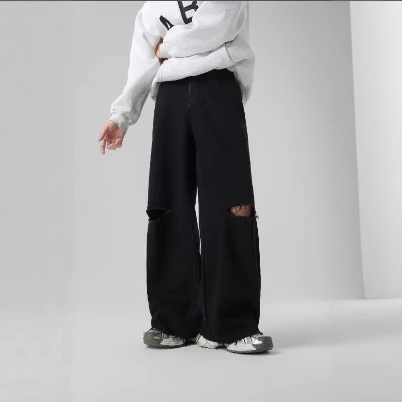 2026 New American Style Men's Ripped Jeans Loose Straight Wide Leg Floor-Length Pants Streetwear Men's Clothing Factory Wholesale