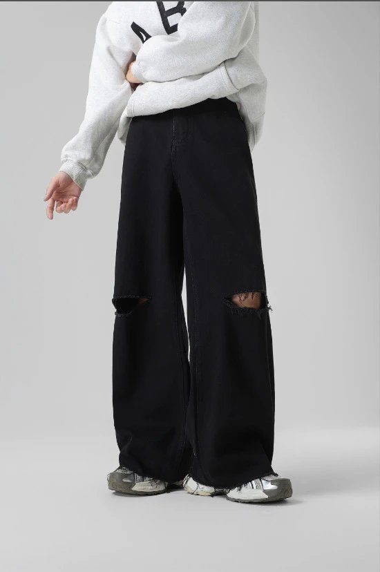 Wide-Leg Distressed Black Jeans