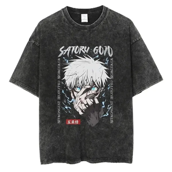 Design Satoru Gojo Anime Graphic Washed Black T-Shirt - 1