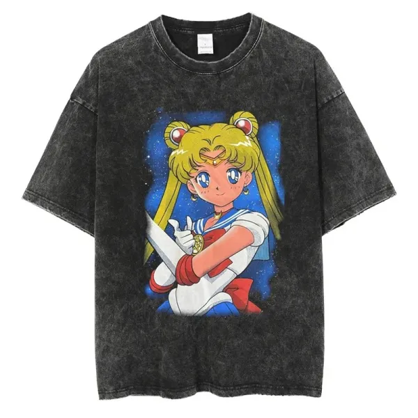 Design Sailor Moon Graphic Acid Wash Black T-Shirt T-Shirts - 1