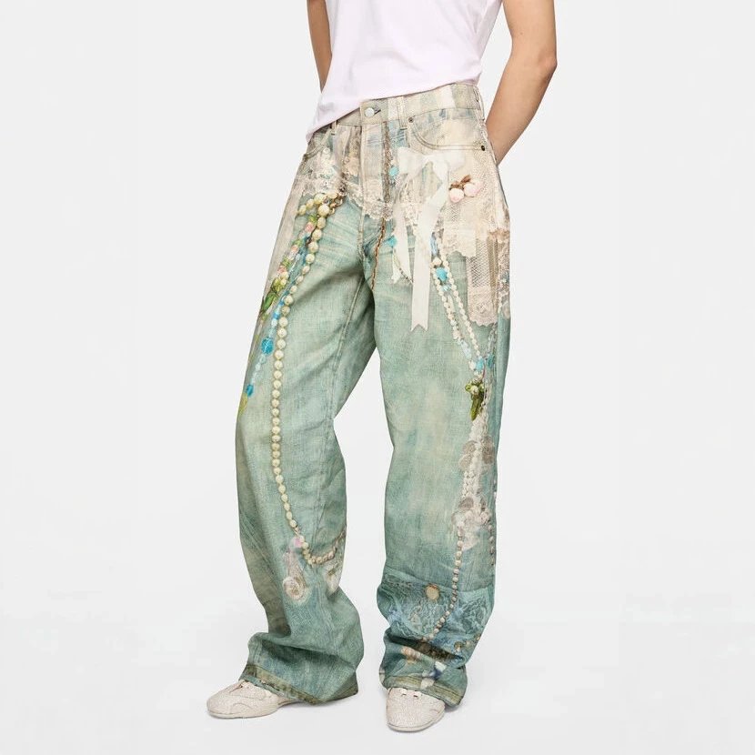 High Street Distressed Print Wide Leg Denim Jeans Unisex