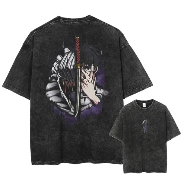 Design Anime Sword Graphic Washed Black T-Shirt - 1