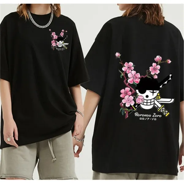 Design One Piece Roronoa Zoro Cherry Blossom Skull T-Shirt Black T-Shirts - 1