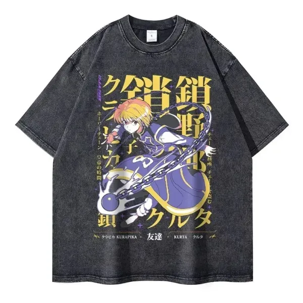 Design Kurapika x Kurta Anime Graphic Washed Black T-Shirt - 1
