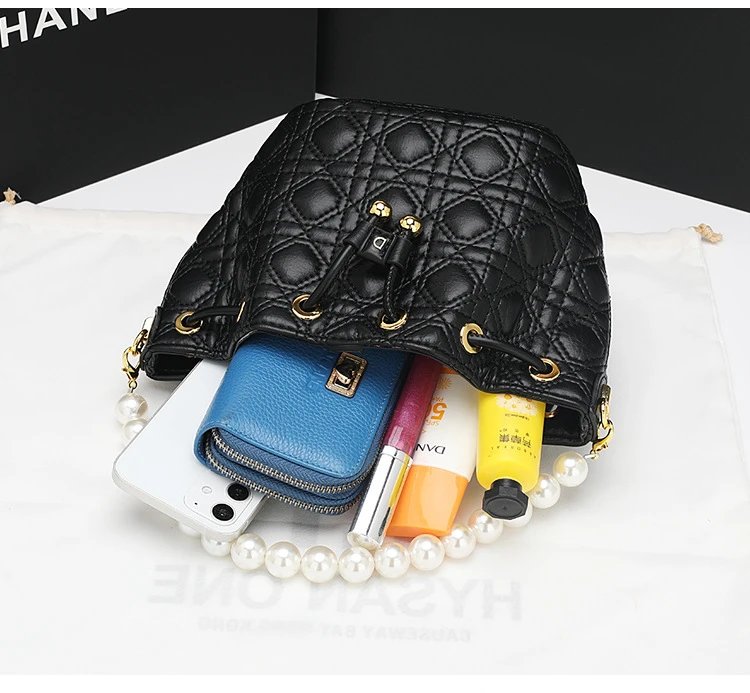 HANE Quilted Pearl-Embellished Pink Bucket Bag Handbags - 6