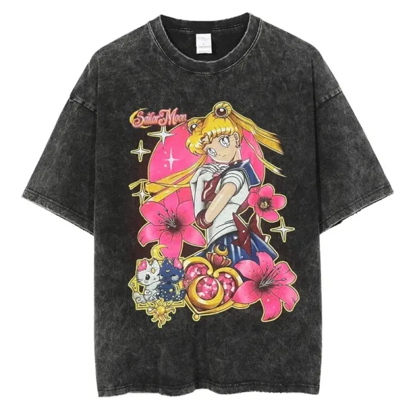 Design Sailor Moon Graphic Acid Wash Black T-Shirt T-Shirts - 1