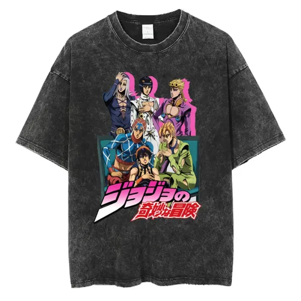 Design JoJo's Bizarre Adventure Group Print Acid Wash Black T-Shirt - 1