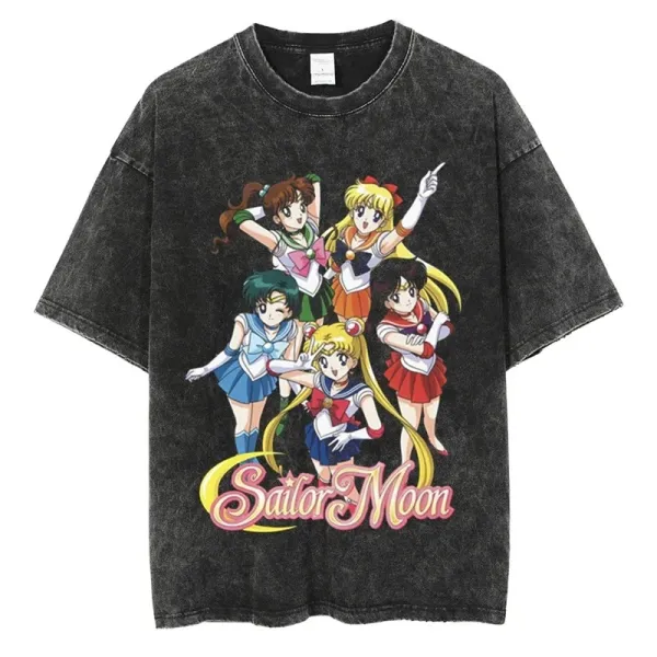 Design Sailor Moon Group Print Acid Wash Black T-Shirt T-Shirts - 1
