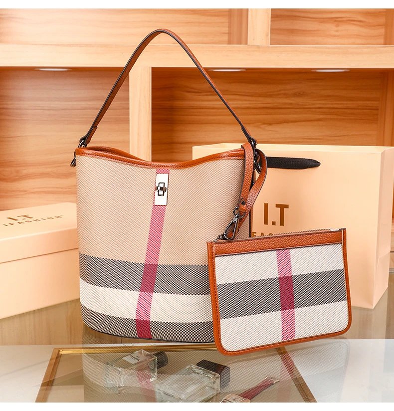 Burberry Check-Print Canvas Hobo Bag with Leather Trim in Beige and Pink Shoulder Bags - 14