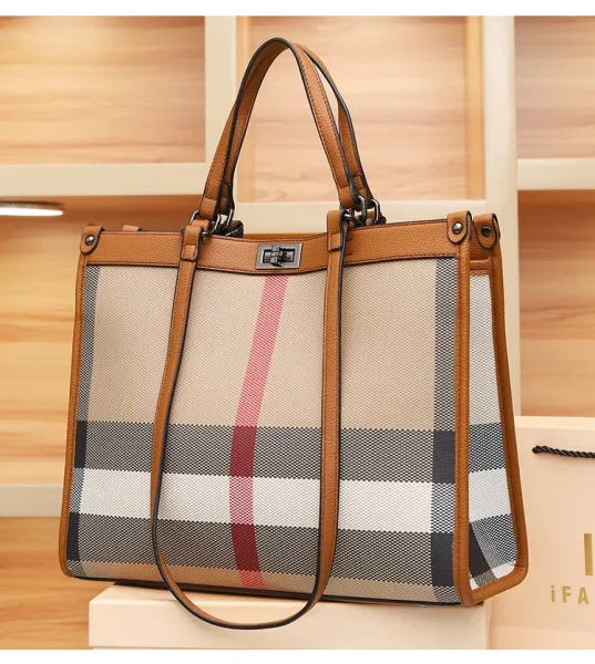 Burberry Check Tote Bag Beige Brown Grid Handbag - 20