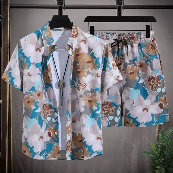 Design Floral Print Blue Short-Sleeve Shirt and Shorts Set - 6