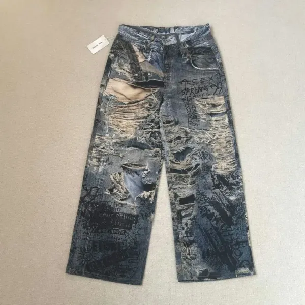 Design Distressed Graffiti-Print Wide-Leg Jeans - 37