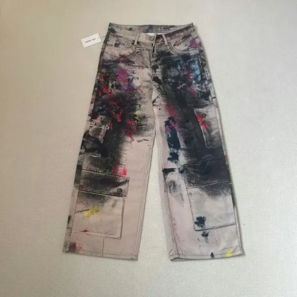 Design Distressed Graffiti-Print Wide-Leg Jeans - 39