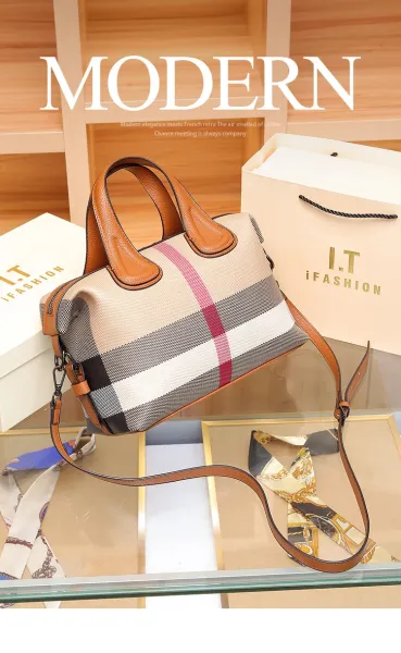 Burberry Check Pattern Boston Bag Beige Brown Handbag - 2